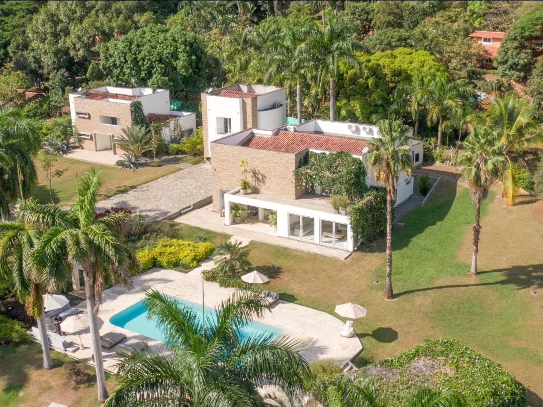 Luxury retreat villa in Medellín surrounded by palms and greenery with a pool